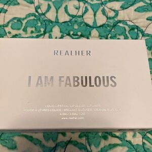 Realher I am Fabulous liquor lipstick, lip gloss, lip liner in deep red